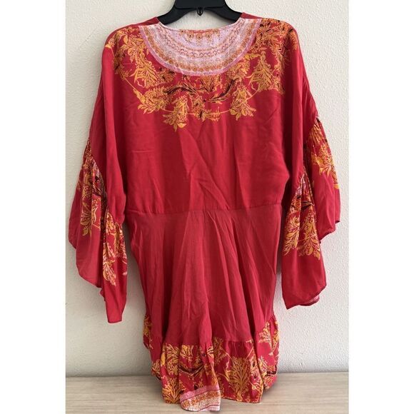 FREE PEOPLE Women Sz S Sunset Dreams Printed Red Tunic Ruffle Top - Picture 3 of 14